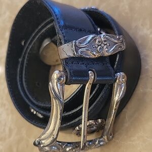 Fossil Black Genuine Leather Belt with Intricate Silver Buckle, M